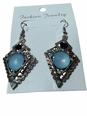 Fashion Jewelry Silver-Tone Blue Gem Drop Earrings